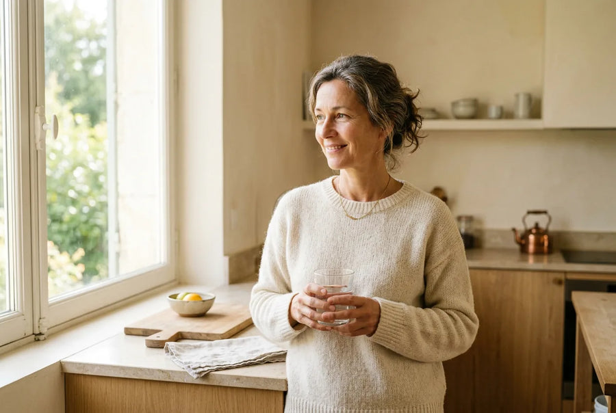Femme dans sa cuisine le matin avec un verre d'eau