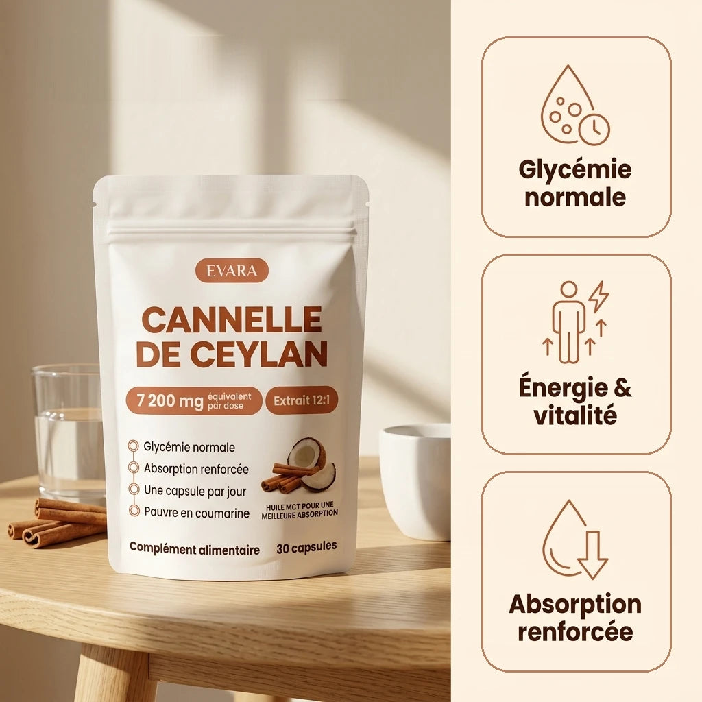 Cannelle de Ceylan Evara — packshot et bénéfices : glycémie normale, énergie et vitalité, absorption renforcée