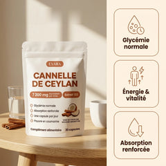Cannelle de Ceylan Evara — packshot et bénéfices : glycémie normale, énergie et vitalité, absorption renforcée