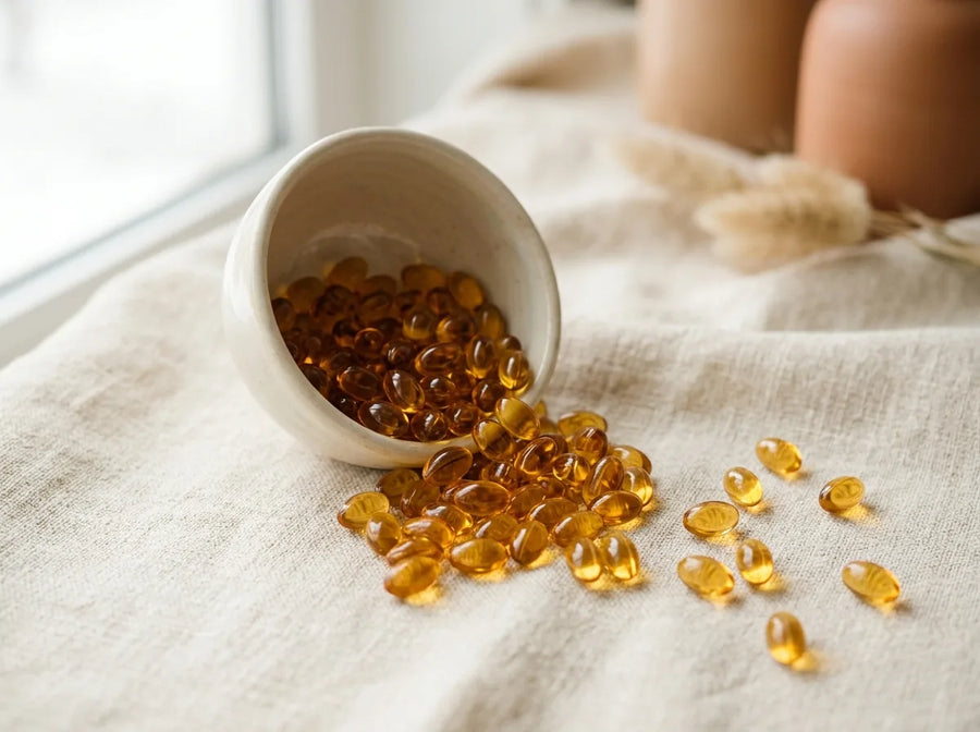 Capsules molles ambrées dans un bol en céramique
