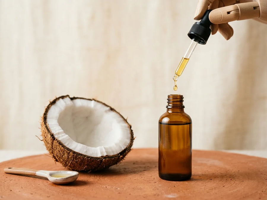 Flacon d'huile MCT et noix de coco ouverte